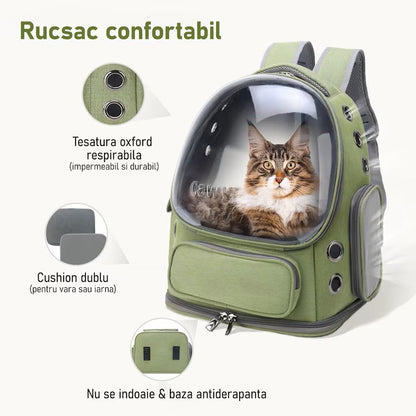 Rucsac Portabil pentru Transport Animale de Companie, cu Hublou Transparent și Design Respirabil, Buzunare Laterale, Material Oxford Rezistent, Ideal pentru Pisici și Câini de Talie Medie, Suportă până la 9 Kg, 33 x 27 x 42 cm, Verde