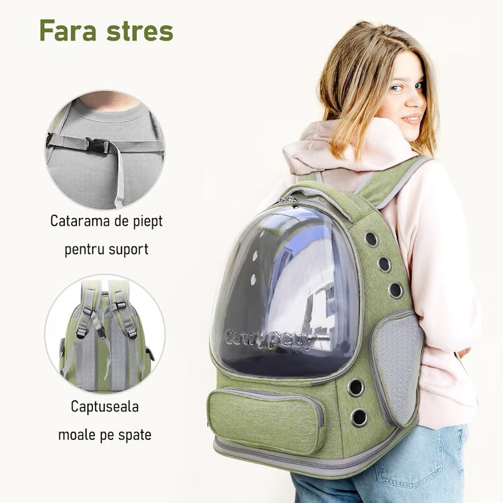 Rucsac Portabil pentru Transport Animale de Companie, cu Hublou Transparent și Design Respirabil, Buzunare Laterale, Material Oxford Rezistent, Ideal pentru Pisici și Câini de Talie Medie, Suportă până la 9 Kg, 33 x 27 x 42 cm, Verde