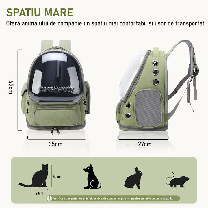 Rucsac Portabil pentru Transport Animale de Companie, cu Hublou Transparent și Design Respirabil, Buzunare Laterale, Material Oxford Rezistent, Ideal pentru Pisici și Câini de Talie Medie, Suportă până la 9 Kg, 33 x 27 x 42 cm, Verde