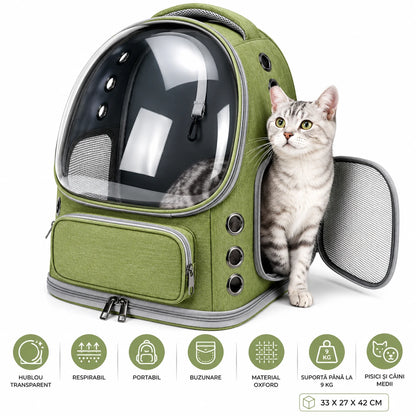 Rucsac Portabil pentru Transport Animale de Companie, cu Hublou Transparent și Design Respirabil, Buzunare Laterale, Material Oxford Rezistent, Ideal pentru Pisici și Câini de Talie Medie, Suportă până la 9 Kg, 33 x 27 x 42 cm, Verde