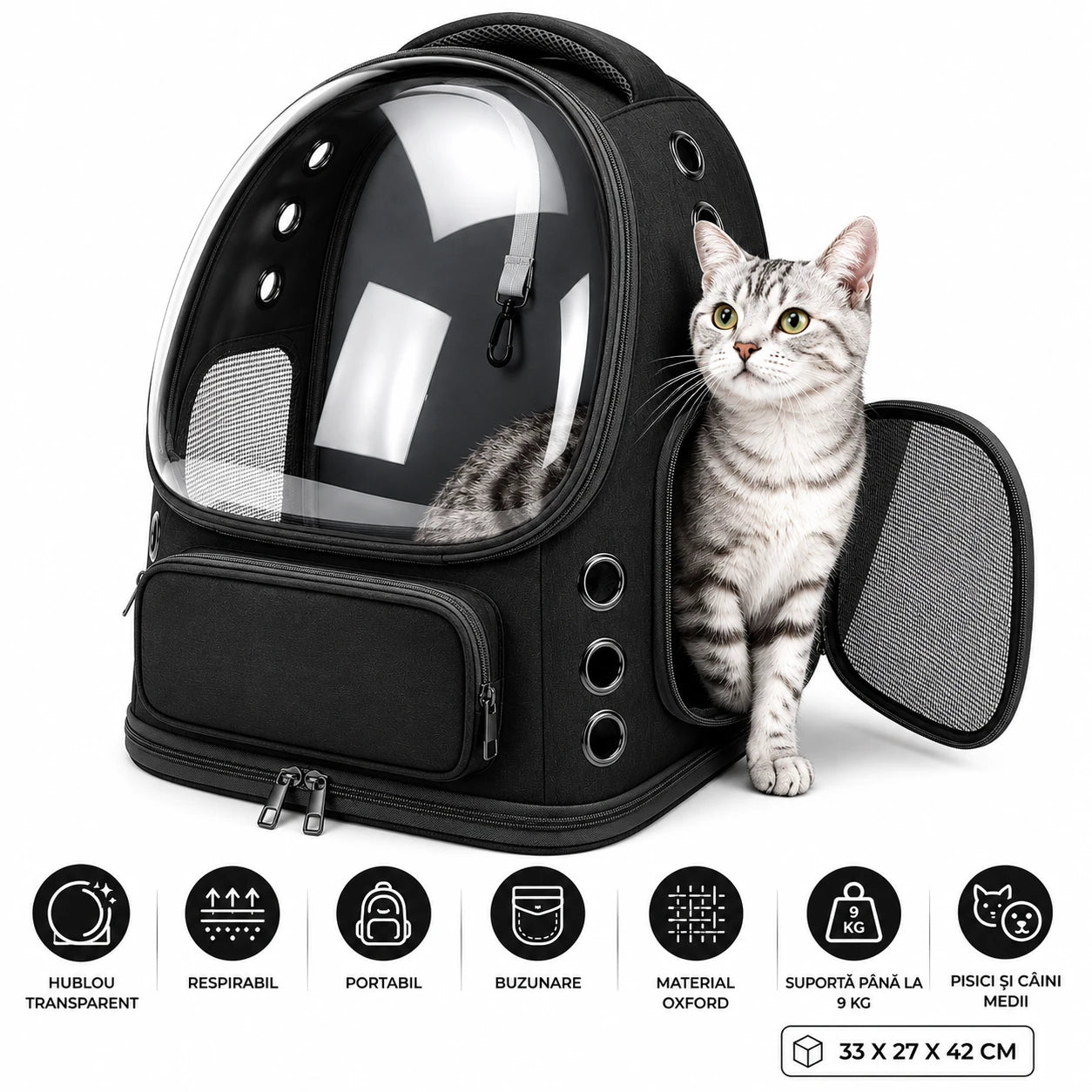 Rucsac Portabil pentru Transport Animale de Companie, cu Hublou Transparent și Design Respirabil, Buzunare Laterale, Material Rezistent, Pentru Pisici și Câini de Talie Medie, Sustine până la 9 Kg, 33 x 27 x 42 cm, Negru
