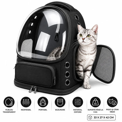 Rucsac Portabil pentru Transport Animale de Companie, cu Hublou Transparent și Design Respirabil, Buzunare Laterale, Material Rezistent, Pentru Pisici și Câini de Talie Medie, Sustine până la 9 Kg, 33 x 27 x 42 cm, Negru