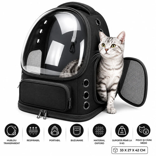Rucsac Portabil pentru Transport Animale de Companie, cu Hublou Transparent și Design Respirabil, Buzunare Laterale, Material Rezistent, Pentru Pisici și Câini de Talie Medie, Sustine până la 9 Kg, 33 x 27 x 42 cm, Negru