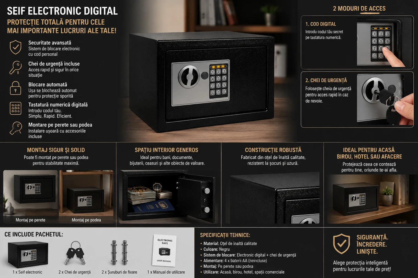 Seif Metalic Electronic Digital cu Tastatură Numerică și Chei de Urgență, Sistem de Blocare Automat, Montare pe Perete sau Podea, Cutie de Valori pentru Bani, Documente și Bijuterii, Negru