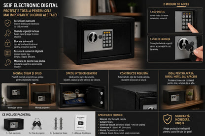 Seif Metalic Electronic Digital cu Tastatură Numerică și Chei de Urgență, Sistem de Blocare Automat, Montare pe Perete sau Podea, Cutie de Valori pentru Bani, Documente și Bijuterii, Negru