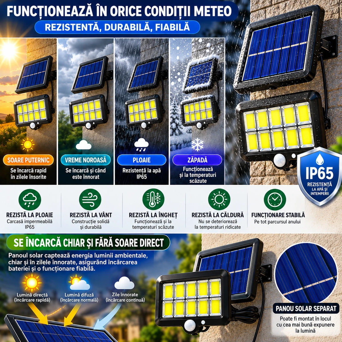 Set 1+1 Gratis Lămpi Solare LED COB de Exterior, 120 LED, Panou Solar Separat, Telecomanda Senzor de Mișcare, 3 Moduri de Iluminare, Cablu 5 Metri, Autonomie până la 12 Ore, Rezistență la Apă IP65