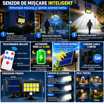 Set 1+1 Gratis Lămpi Solare LED COB de Exterior, 120 LED, Panou Solar Separat, Telecomanda Senzor de Mișcare, 3 Moduri de Iluminare, Cablu 5 Metri, Autonomie până la 12 Ore, Rezistență la Apă IP65