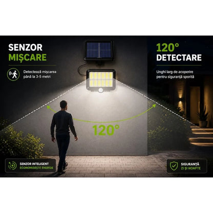 Set 1+1 Gratis Lămpi Solare LED COB de Exterior, 120 LED, Panou Solar Separat, Telecomanda Senzor de Mișcare, 3 Moduri de Iluminare, Cablu 5 Metri, Autonomie până la 12 Ore, Rezistență la Apă IP65