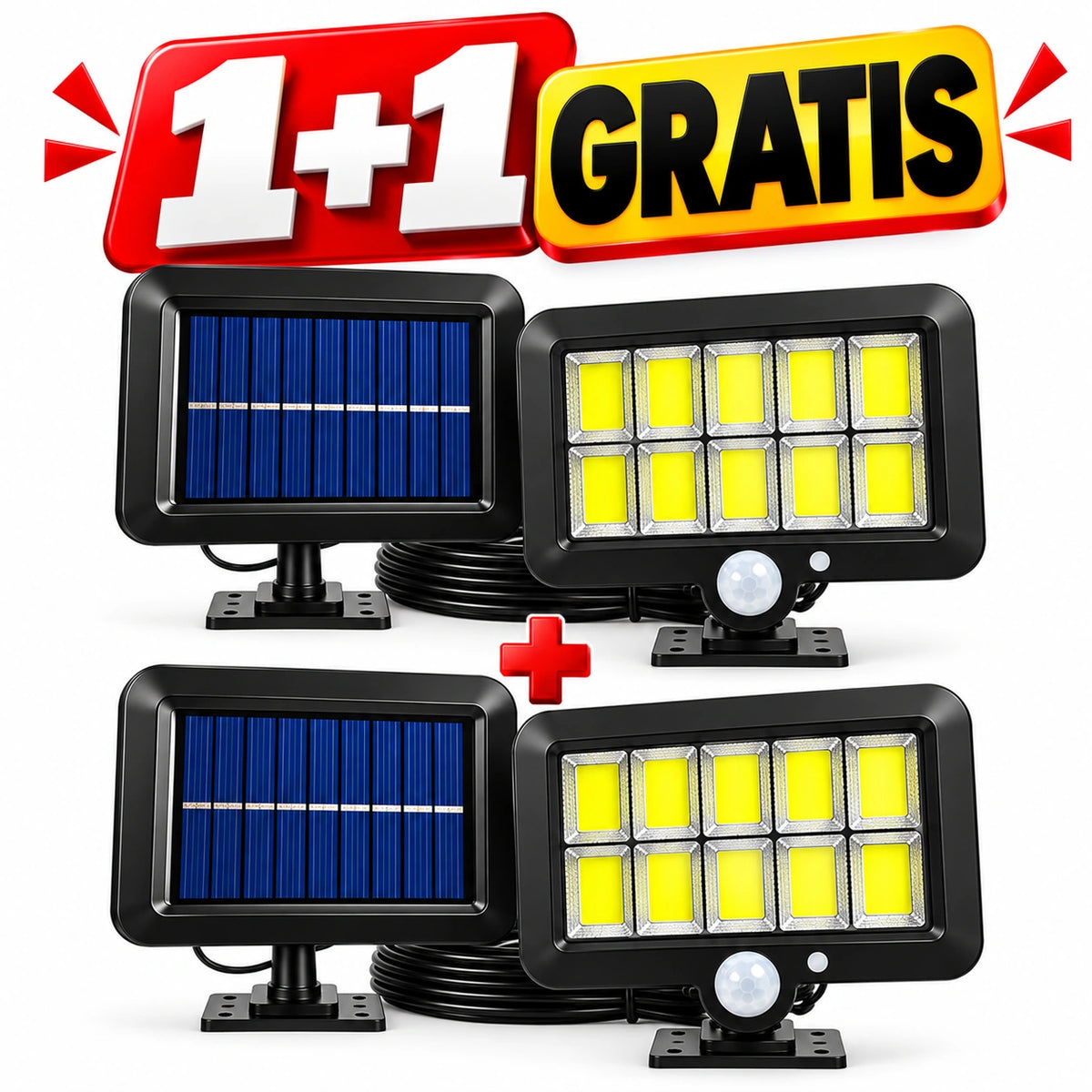 Set 1+1 Gratis Lămpi Solare LED COB de Exterior, 120 LED, Panou Solar Separat, Telecomanda Senzor de Mișcare, 3 Moduri de Iluminare, Cablu 5 Metri, Autonomie până la 12 Ore, Rezistență la Apă IP65