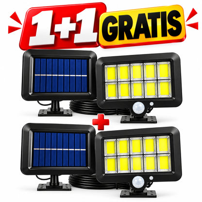 Set 1+1 Gratis Lămpi Solare LED COB de Exterior, 120 LED, Panou Solar Separat, Telecomanda Senzor de Mișcare, 3 Moduri de Iluminare, Cablu 5 Metri, Autonomie până la 12 Ore, Rezistență la Apă IP65