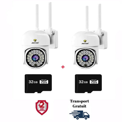 Set 2X Camera de supraveghere WIFI 3MP, Jortan rotire rapida 360 grade, Senzor de miscare, Detectie umana, Vedere color noaptea, Sirena cu Alarma, microfon audio bidirectional, Protectie IP66, 2X Carduri 32GB