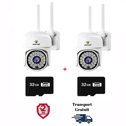 Set 2X Camera de supraveghere WIFI 3MP, Jortan rotire rapida 360 grade, Senzor de miscare, Detectie umana, Vedere color noaptea, Sirena cu Alarma, microfon audio bidirectional, Protectie IP66, 2X Carduri 32GB