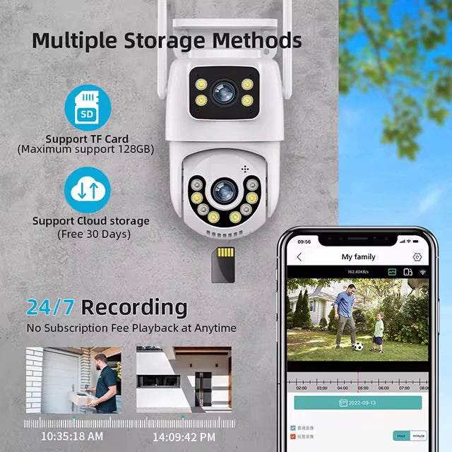 Set de 2 camere de supraveghere Jortan Duala Ultra HD 8K, 8MP, cu vedere color pe timp de noapte, rotire 360°, zoom 10X, urmărire inteligentă, protecție IP66 și acoperire panoramică.