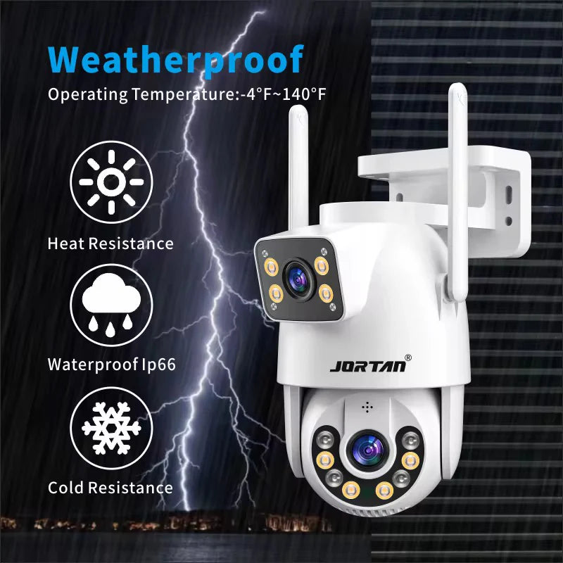 Set de 2 camere de supraveghere Jortan Duala Ultra HD 8K, 8MP, cu vedere color pe timp de noapte, rotire 360°, zoom 10X, urmărire inteligentă, protecție IP66 și acoperire panoramică.