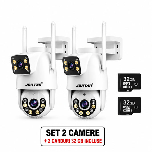 Set de 2 camere de supraveghere Jortan Duala Ultra HD 8K, 8MP, cu vedere color pe timp de noapte, rotire 360°, zoom 10X, urmărire inteligentă, protecție IP66 și acoperire panoramică.
