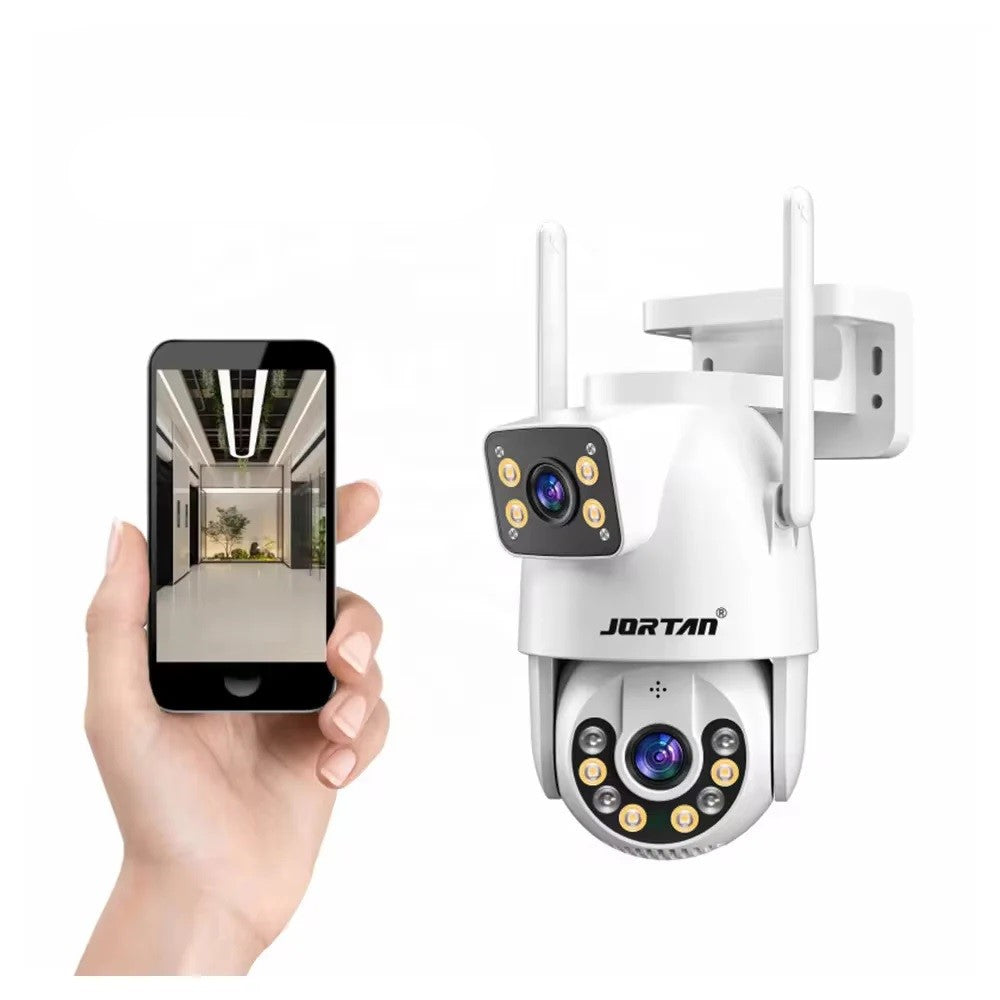 Set de 2 camere de supraveghere Jortan Duala Ultra HD 8K, 8MP, cu vedere color pe timp de noapte, rotire 360°, zoom 10X, urmărire inteligentă, protecție IP66 și acoperire panoramică.