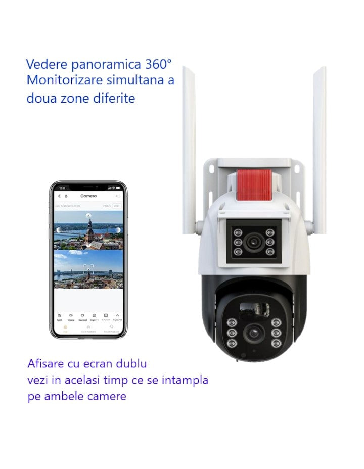 Set 2X Camere de supraveghere dubla WIFI, Cu 2 camere video integrate, 6MP, Full HD+ 4K, exterior/Interior 8X zoom, rotire rapida din aplicatie, 2 lentile, vedere nocturna color, senzor de miscare, lumina LED, inteligenta de urmarire, IP66