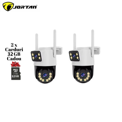 Set 2X Camere de supraveghere dubla WIFI, Cu 2 camere video integrate, 6MP, Full HD+ 4K, exterior/Interior 8X zoom, rotire rapida din aplicatie, 2 lentile, vedere nocturna color, senzor de miscare, lumina LED, inteligenta de urmarire, IP66