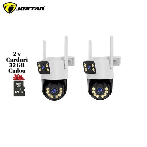 Set 2X Camere de supraveghere dubla WIFI, Cu 2 camere video integrate, 6MP, Full HD+ 4K, exterior/Interior 8X zoom, rotire rapida din aplicatie, 2 lentile, vedere nocturna color, senzor de miscare, lumina LED, inteligenta de urmarire, IP66