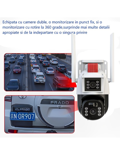Set 2X Camere de supraveghere dubla WIFI, Cu 2 camere video integrate, 6MP, Full HD+ 4K, exterior/Interior 8X zoom, rotire rapida din aplicatie, 2 lentile, vedere nocturna color, senzor de miscare, lumina LED, inteligenta de urmarire, IP66