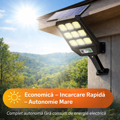 Set 2X Lampa Solara 9 celule 300W Jortan, 6000 Lumeni, 280 LED-uri, Autonomie 12 ore, 3 Moduri de iluminare, Senzor de Miscare Telecomanda, Protectie IP66