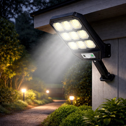 Set 2X Lampa Solara 9 celule 300W Jortan, 6000 Lumeni, 280 LED-uri, Autonomie 12 ore, 3 Moduri de iluminare, Senzor de Miscare Telecomanda, Protectie IP66