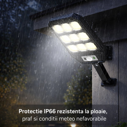 Set 2X Lampa Solara 9 celule 300W Jortan, 6000 Lumeni, 280 LED-uri, Autonomie 12 ore, 3 Moduri de iluminare, Senzor de Miscare Telecomanda, Protectie IP66