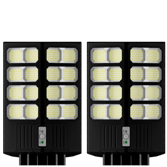 Set 2X Lampa Solara Dubla LED Jortan, 1600W, Telecomanda, Suport metalic inclus, Unghi Larg de iluminare, Autonomie extinsa, Senzor de miscare si de Lumina, Panou Solar Monocristalin