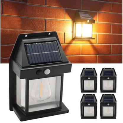 Set 2X Lampă Solară LED de Perete Tip Felinar Iluminat Exterior cu Senzor de Mișcare 8m, 3 Moduri Inteligente de lumina, Rezistență IP65, Fără Fir, Ideală pentru Curte și Grădină