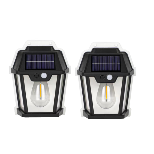 Set 2X Lampă Solară LED de Perete Tip Felinar Iluminat Exterior cu Senzor de Mișcare 8m, 3 Moduri Inteligente de lumina, Rezistență IP65, Fără Fir, Ideală pentru Curte și Grădină