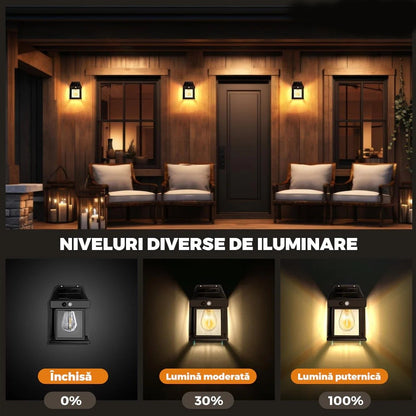 Set 2X Lampă Solară LED de Perete Tip Felinar Iluminat Exterior cu Senzor de Mișcare 8m, 3 Moduri Inteligente de lumina, Rezistență IP65, Fără Fir, Ideală pentru Curte și Grădină