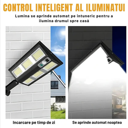 Set 2X Lampă Solară Stradală LED Exterior 200W, 2000 Lumeni, Senzor de Mișcare cu Telecomandă, 230 LED Next Gen, Autonomie până la 8 Ore, Panou Solar cu Încărcare Rapidă, Protecție IP66