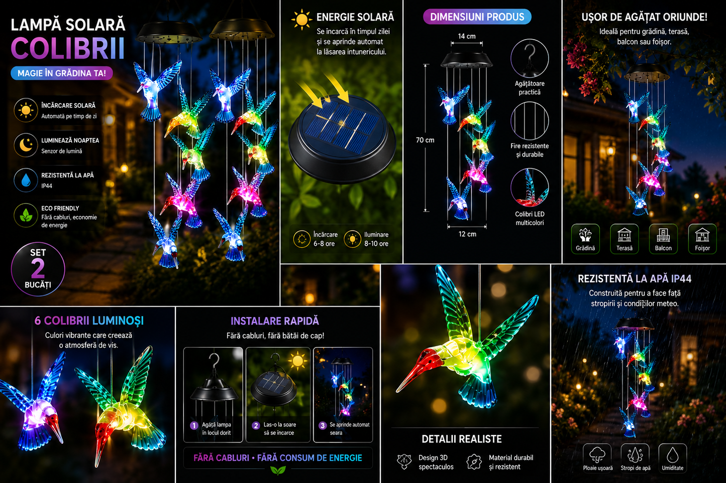 Set 2X Lampă Solară Suspendată cu 6 Colibri LED Multicolori, Clopoței de Vânt Decorativi pentru Grădină, Terasă și Balcon, Încărcare Solară Automată, Iluminare Nocturnă RGB, Rezistentă la Apă IP65