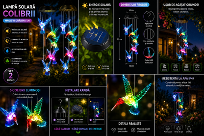 Set 2X Lampă Solară Suspendată cu 6 Colibri LED Multicolori, Clopoței de Vânt Decorativi pentru Grădină, Terasă și Balcon, Încărcare Solară Automată, Iluminare Nocturnă RGB, Rezistentă la Apă IP65
