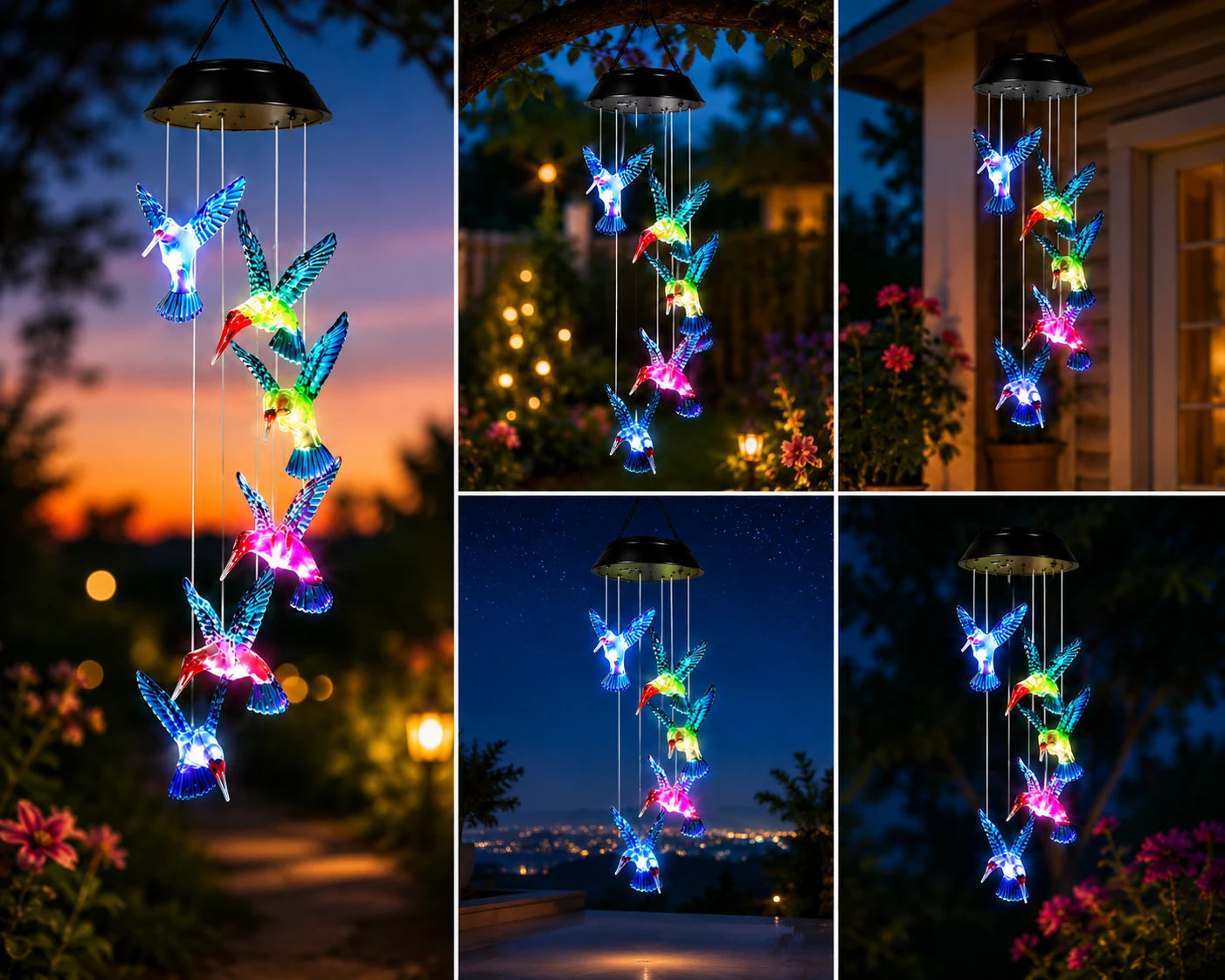Set 2X Lampă Solară Suspendată cu 6 Colibri LED Multicolori, Clopoței de Vânt Decorativi pentru Grădină, Terasă și Balcon, Încărcare Solară Automată, Iluminare Nocturnă RGB, Rezistentă la Apă IP65