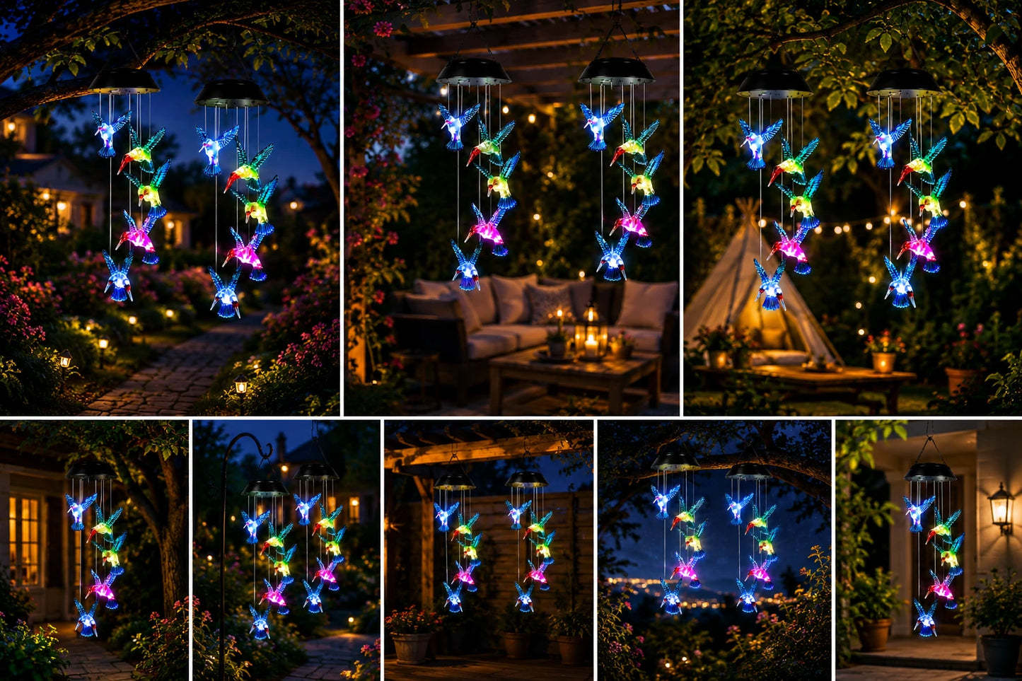 Set 2X Lampă Solară Suspendată cu 6 Colibri LED Multicolori, Clopoței de Vânt Decorativi pentru Grădină, Terasă și Balcon, Încărcare Solară Automată, Iluminare Nocturnă RGB, Rezistentă la Apă IP65