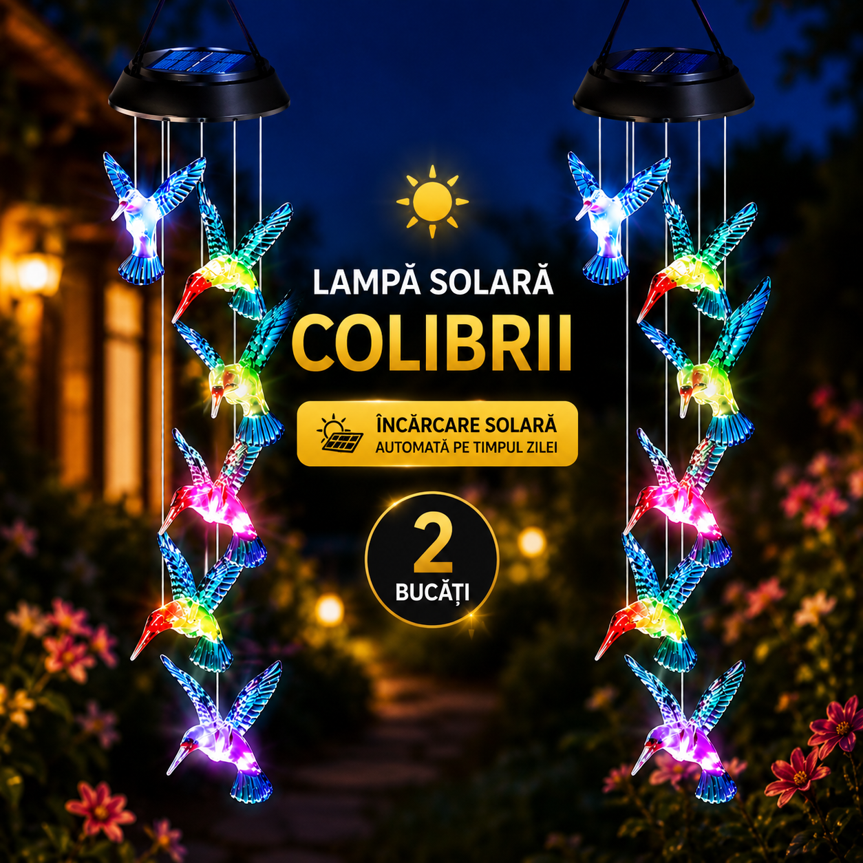 Set 2X Lampă Solară Suspendată cu 6 Colibri LED Multicolori, Clopoței de Vânt Decorativi pentru Grădină, Terasă și Balcon, Încărcare Solară Automată, Iluminare Nocturnă RGB, Rezistentă la Apă IP65