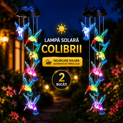 Set 2X Lampă Solară Suspendată cu 6 Colibri LED Multicolori, Clopoței de Vânt Decorativi pentru Grădină, Terasă și Balcon, Încărcare Solară Automată, Iluminare Nocturnă RGB, Rezistentă la Apă IP65