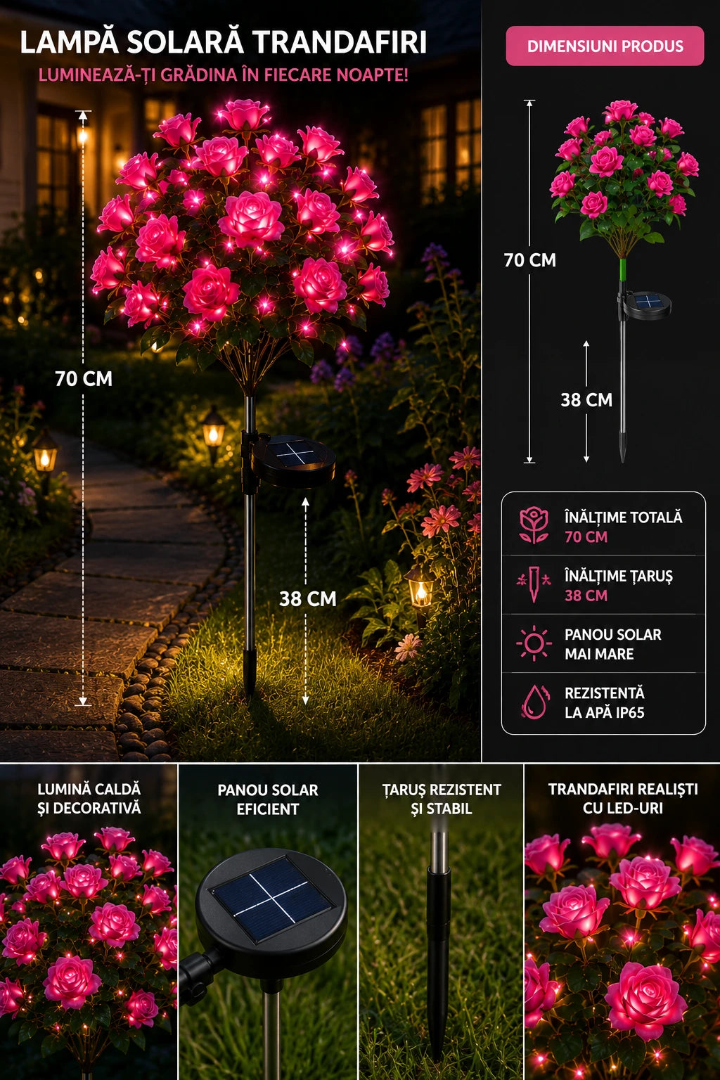 Set 2X Lămpi Solare Decorative cu Trandafiri LED, Flori Luminoase pentru Grădină, Terasă și Curte, Încărcare Solară Automată, Iluminare Caldă Nocturnă, Rezistente la Apă IP65, Decor Exterior Elegant