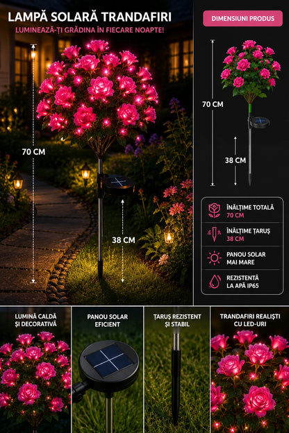 Set 2X Lămpi Solare Decorative cu Trandafiri LED, Flori Luminoase pentru Grădină, Terasă și Curte, Încărcare Solară Automată, Iluminare Caldă Nocturnă, Rezistente la Apă IP65, Decor Exterior Elegant