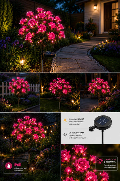 Set 2X Lămpi Solare Decorative cu Trandafiri LED, Flori Luminoase pentru Grădină, Terasă și Curte, Încărcare Solară Automată, Iluminare Caldă Nocturnă, Rezistente la Apă IP65, Decor Exterior Elegant