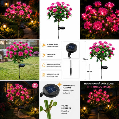 Set 2X Lămpi Solare Decorative cu Trandafiri LED, Flori Luminoase pentru Grădină, Terasă și Curte, Încărcare Solară Automată, Iluminare Caldă Nocturnă, Rezistente la Apă IP65, Decor Exterior Elegant