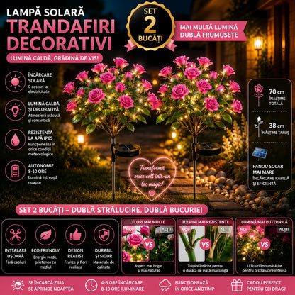 Set 2X Lămpi Solare Decorative cu Trandafiri LED, Flori Luminoase pentru Grădină, Terasă și Curte, Încărcare Solară Automată, Iluminare Caldă Nocturnă, Rezistente la Apă IP65, Decor Exterior Elegant