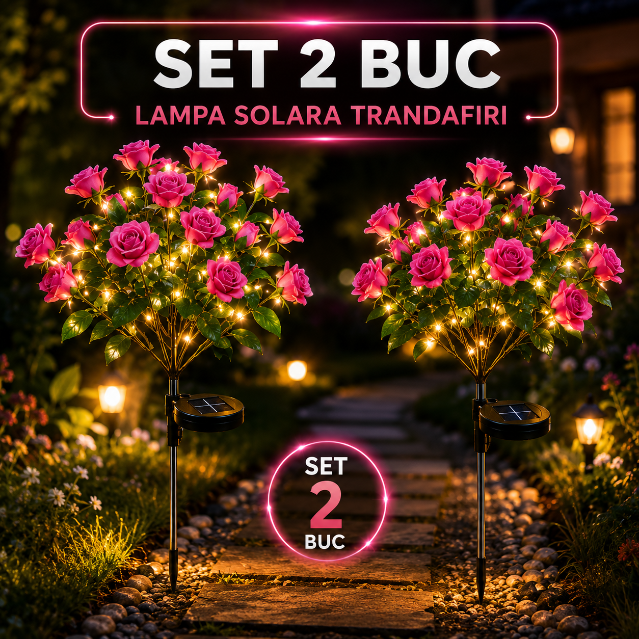 Set 2X Lămpi Solare Decorative cu Trandafiri LED, Flori Luminoase pentru Grădină, Terasă și Curte, Încărcare Solară Automată, Iluminare Caldă Nocturnă, Rezistente la Apă IP65, Decor Exterior Elegant