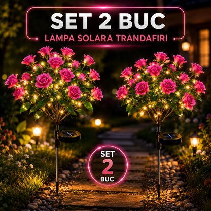 Set 2X Lămpi Solare Decorative cu Trandafiri LED, Flori Luminoase pentru Grădină, Terasă și Curte, Încărcare Solară Automată, Iluminare Caldă Nocturnă, Rezistente la Apă IP65, Decor Exterior Elegant