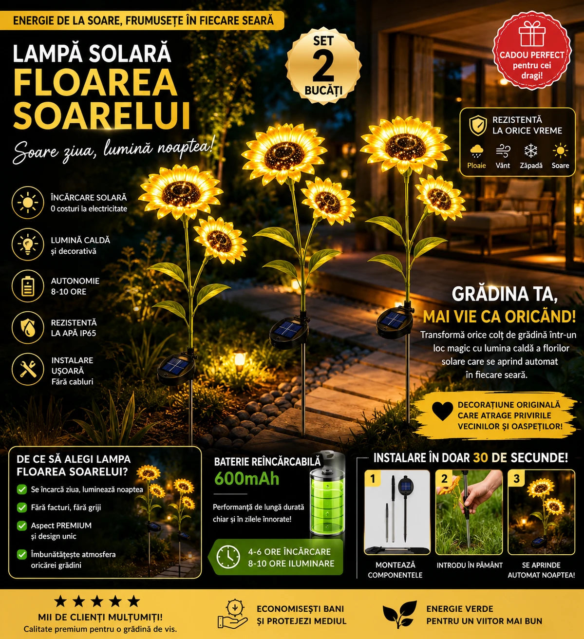 Set 2X Lămpi Solare Decorative Floarea Soarelui, Iluminare Caldă și Elegantă pentru Grădină, Terasă și Alei, Flori Luminoase cu Încărcare Solară și Aprindere Automată
