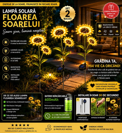 Set 2X Lămpi Solare Decorative Floarea Soarelui, Iluminare Caldă și Elegantă pentru Grădină, Terasă și Alei, Flori Luminoase cu Încărcare Solară și Aprindere Automată