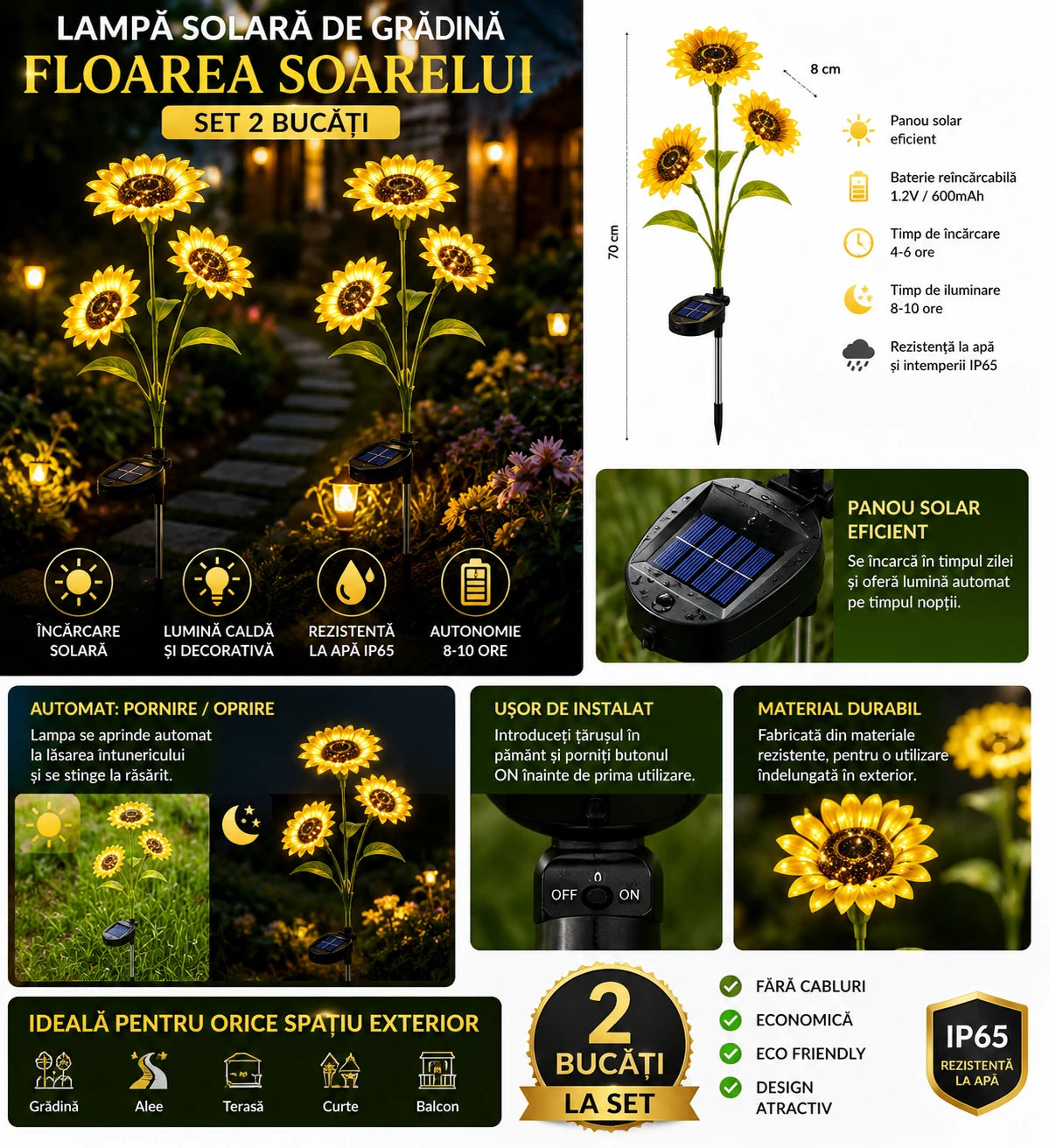Set 2X Lămpi Solare Decorative Floarea Soarelui, Iluminare Caldă și Elegantă pentru Grădină, Terasă și Alei, Flori Luminoase cu Încărcare Solară și Aprindere Automată