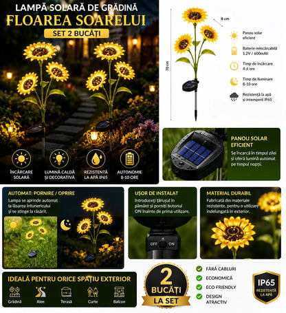 Set 2X Lămpi Solare Decorative Floarea Soarelui, Iluminare Caldă și Elegantă pentru Grădină, Terasă și Alei, Flori Luminoase cu Încărcare Solară și Aprindere Automată