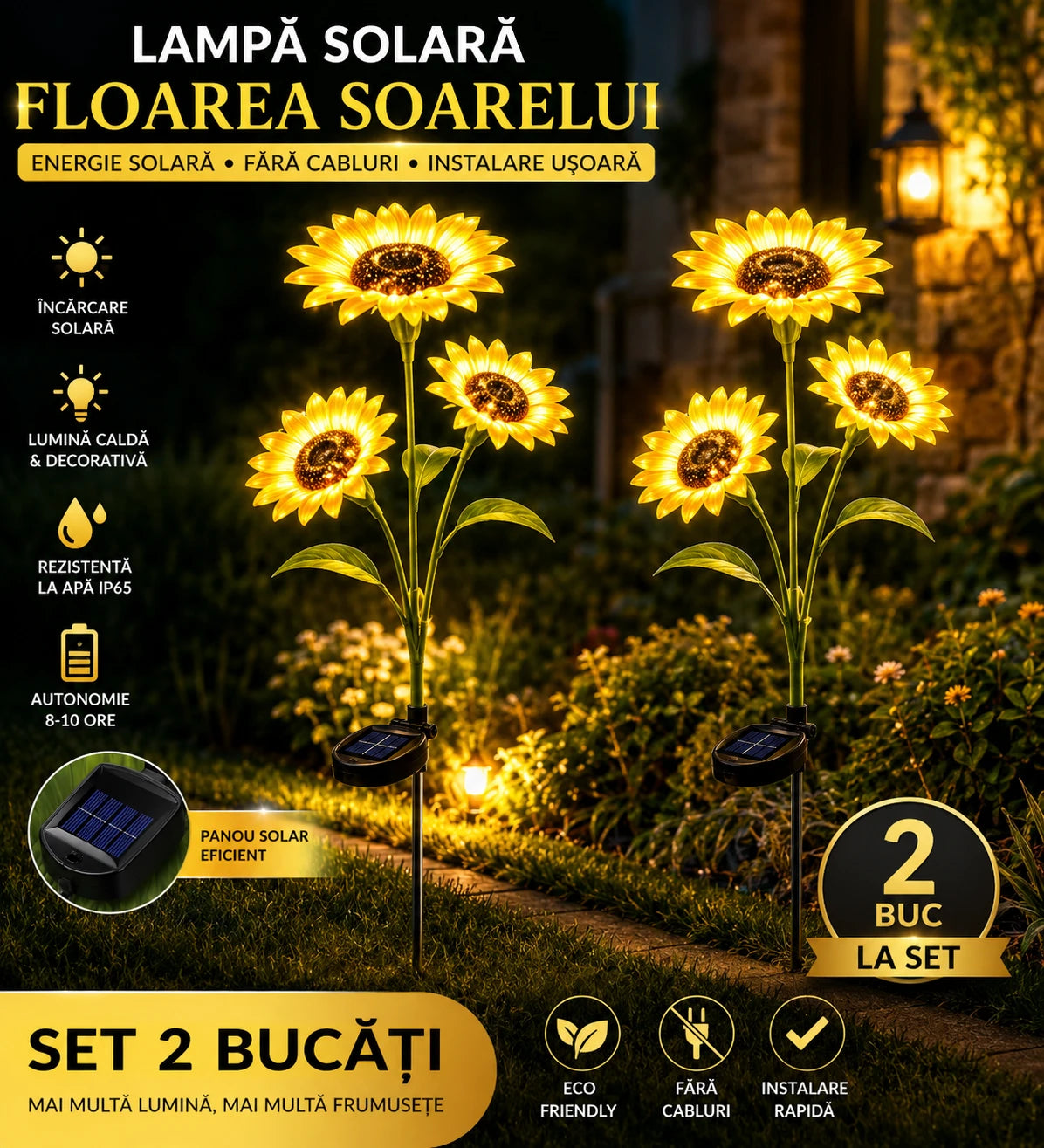 Set 2X Lămpi Solare Decorative Floarea Soarelui, Iluminare Caldă și Elegantă pentru Grădină, Terasă și Alei, Flori Luminoase cu Încărcare Solară și Aprindere Automată